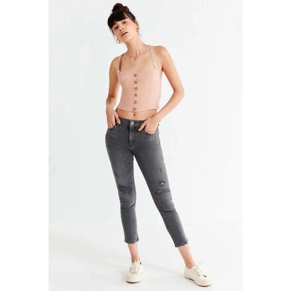 AGOLDE Jeans Sophie •29• High Rise Crop Maverick Grey Distressed Grey Denim $228 - Picture 3 of 12